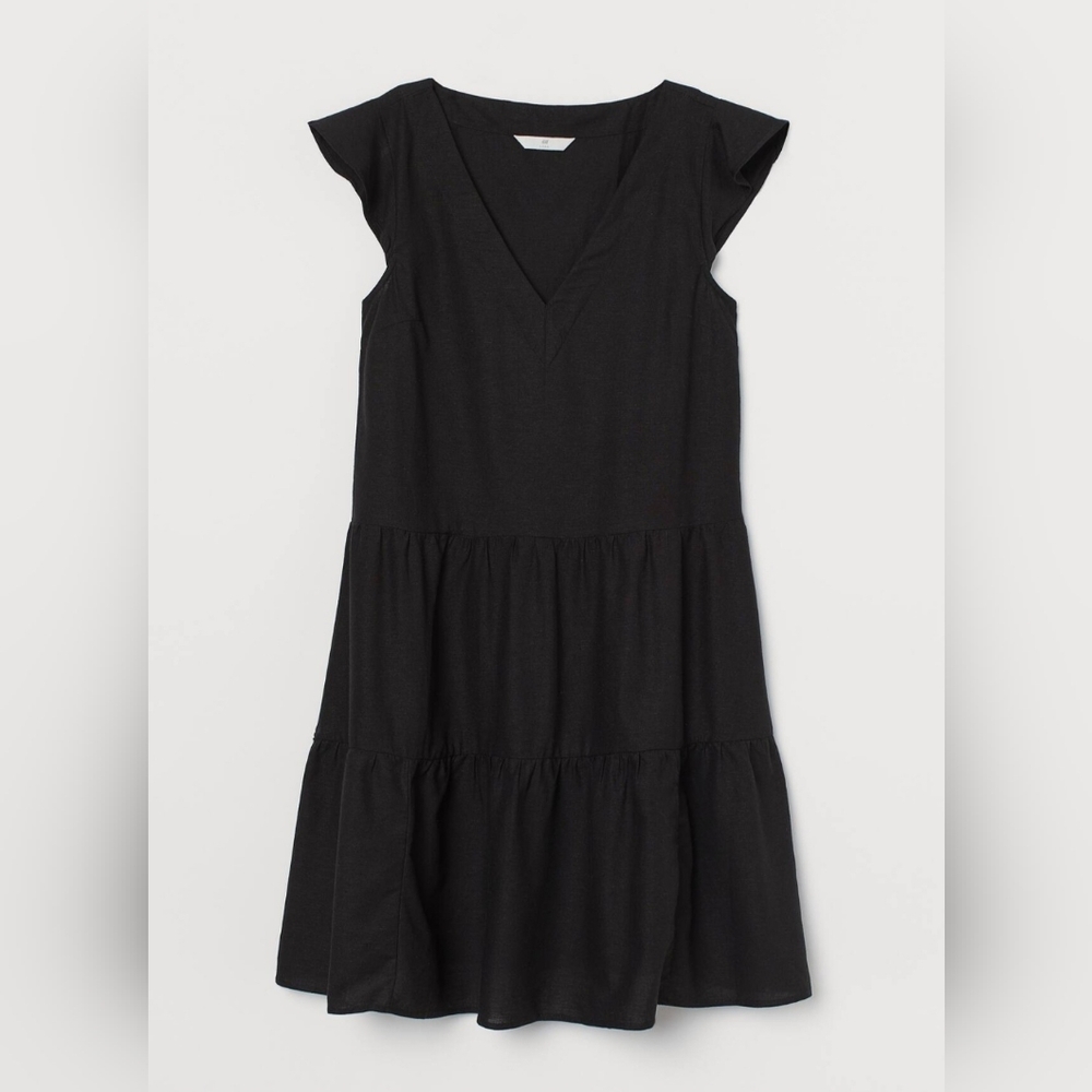WOMENS BLACK FLUTTER-SLEEVED DRESS. LG